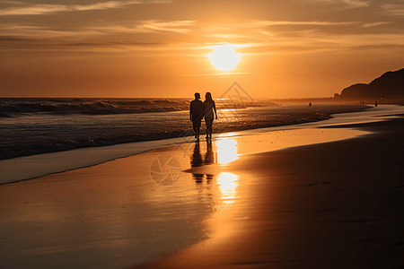 一对夫妇在海滩上手拉手散步图片