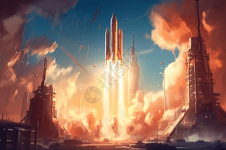 火箭向太空发射的卡通插图背景图片