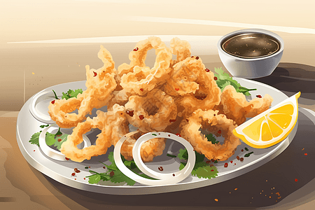 火爆鱿鱼,炸鱿鱼圈插画