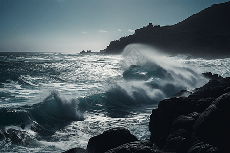 海浪撞击岩石图片