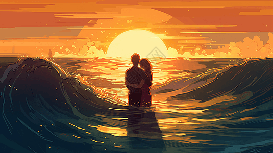 夫妇在海水中拥抱平面插图图片