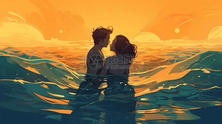 夫妇在海水中拥抱插图图片