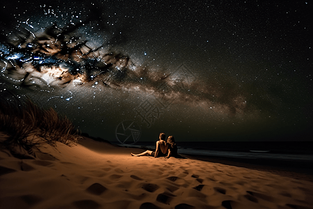 夫妇躺在沙滩上凝视星星图片