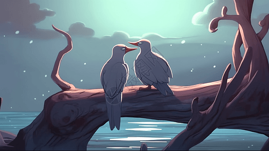 两只爱情鸟坐在原木上图片