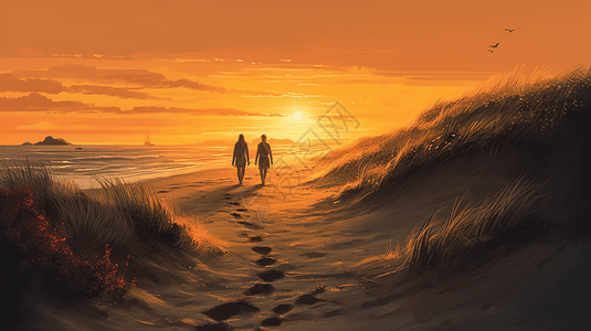 夫妇漫步在沙滩场景插图图片