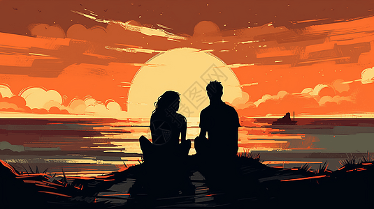 夫妇坐在沙滩上聊天插图背景图片