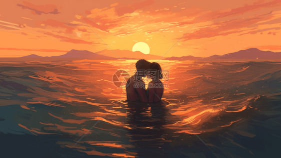 情侣在海中接吻插图图片