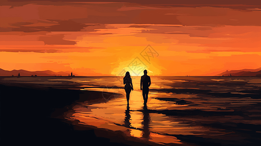情侣在沙滩上散步图片
