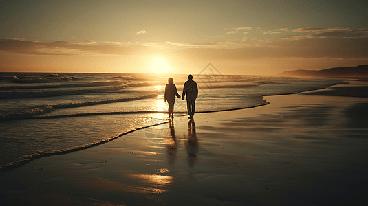 情侣手拉手在沙滩散步图片