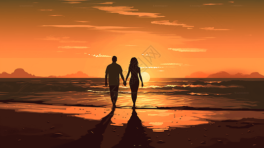 夫妇拉手在沙滩上平面插图图片