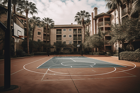 酒店篮球场旁边有棕榈树和躺椅图片