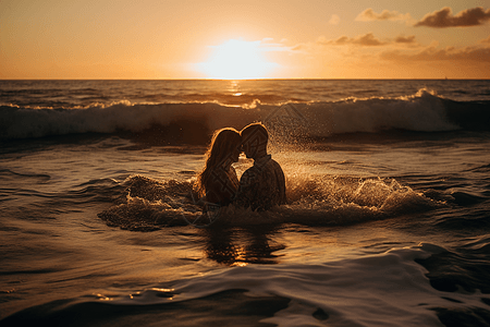 夫妇在海水中接吻高清图片