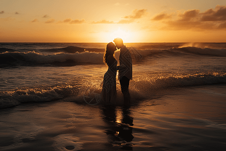 夫妇在海边接吻图片