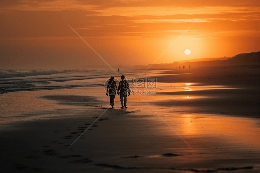 夫妇在海滩上散步浪漫场景图片