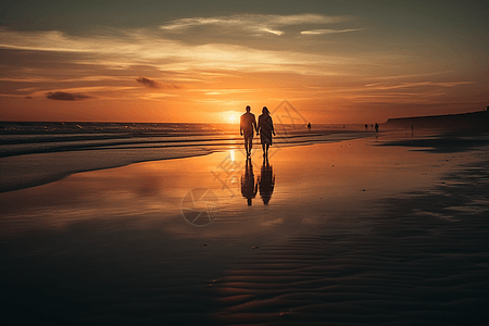 走在海滩看日落夫妇在海滩上散步夕阳图背景
