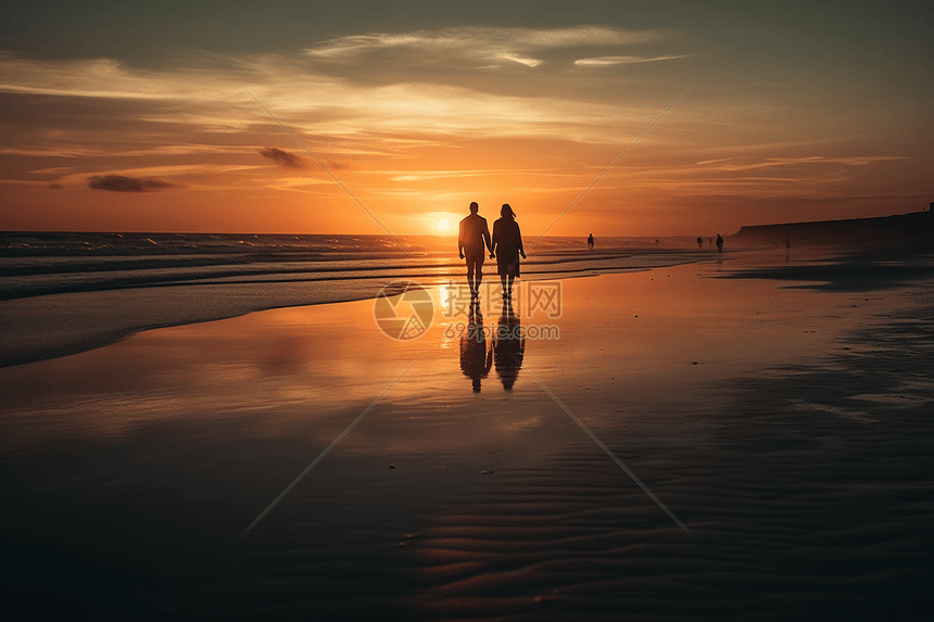 夫妇在海滩上散步夕阳图图片