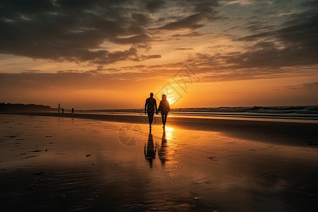 夫妇在海滩上散步图图片