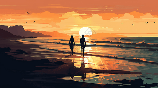 情侣沙滩散步插图图片