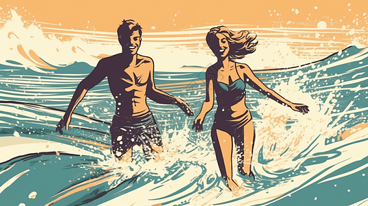 夫妇在海浪中嬉戏平面插图图片