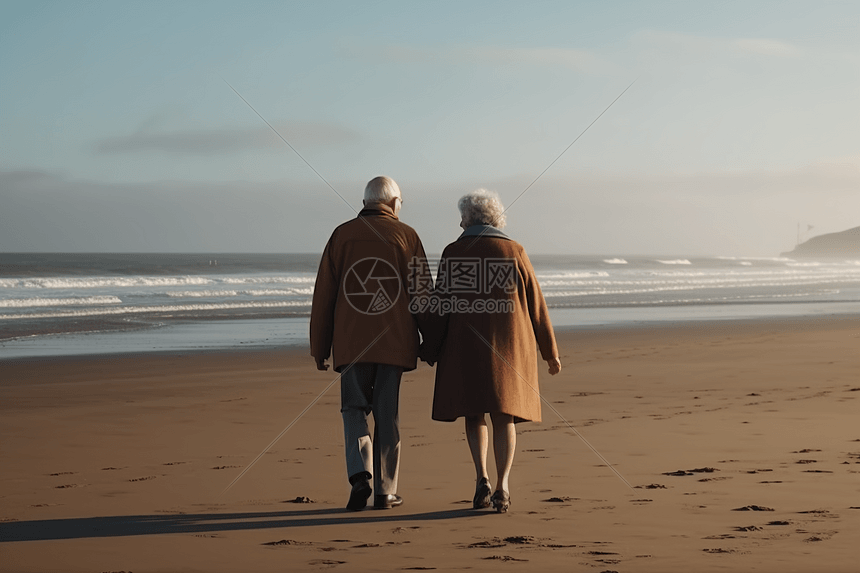 沙滩上的老年夫妇图片
