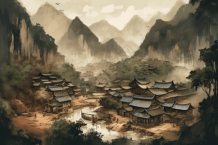 中国村庄的水墨画插图图片