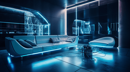 未来主义的客厅，配有雕塑沙发、玻璃茶几和金属装饰墙。灯光凉爽而蓝色，增添了现代而精致的氛围。，超高清图片
