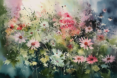 盛开的花园的水彩画背景图片