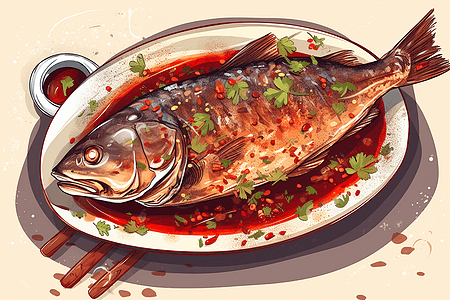 花椒鱼辣椒油烹制的鱼插画