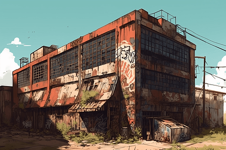 被生锈和涂鸦覆盖的废弃工厂背景图片