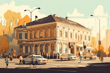 街景车美术馆大楼的街景插画