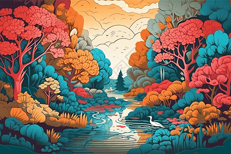 森林湖泊插画图片