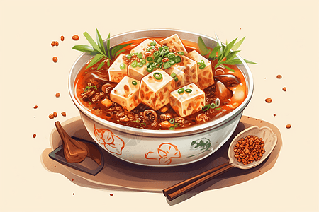 蚌肉豆腐美味鲜辣的麻婆豆腐插画