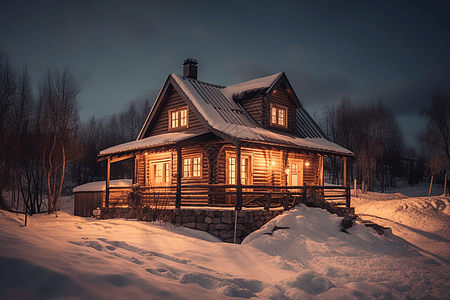 雪山上舒适的小屋图片