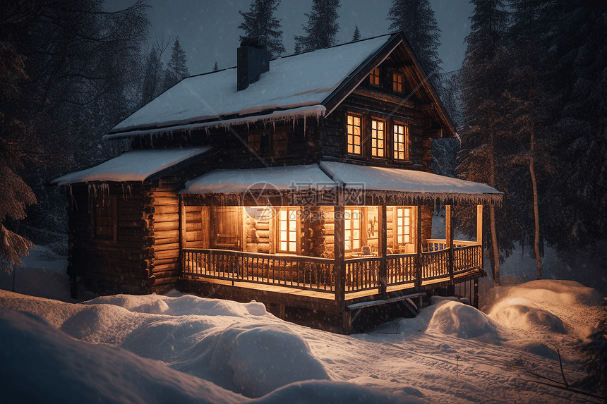 雪山上的小屋图片