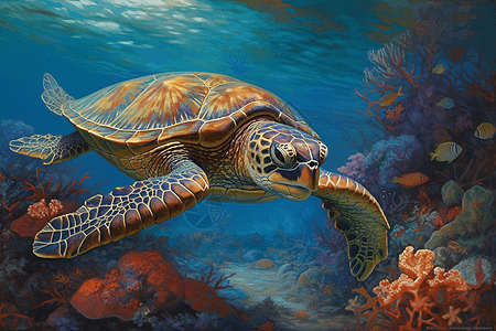 海龟在珊瑚礁中游泳图片