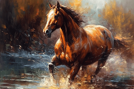 野外奔跑的马的油画图片
