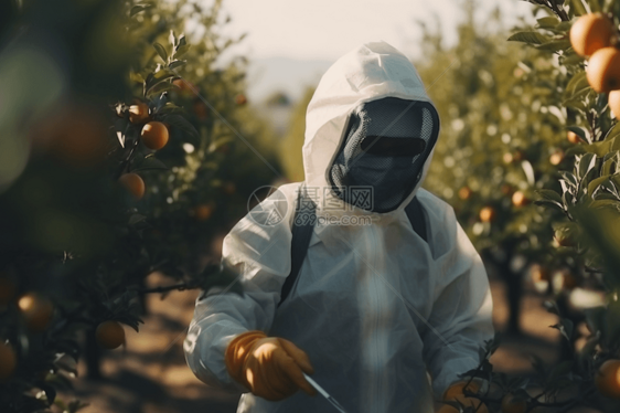 农民在果园穿防护服和口罩在果树上喷洒农药图片