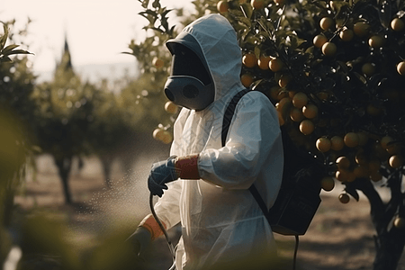 穿着防护服的农民在喷洒农药。图片