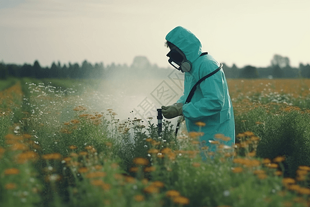 田间工人在使用除草剂除草图片