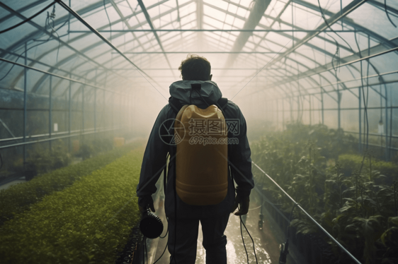 背着喷雾器的人向植物喷洒水图片