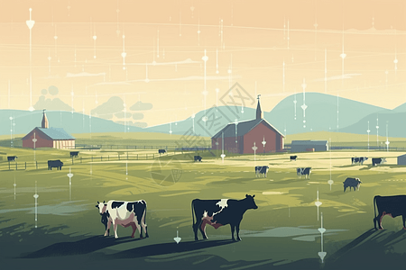 洛绒牛场牛场的全景图插画