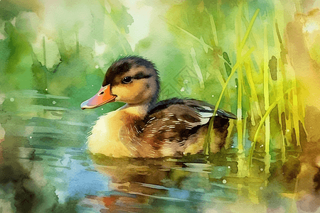 水彩画中的甜美小鸭图片