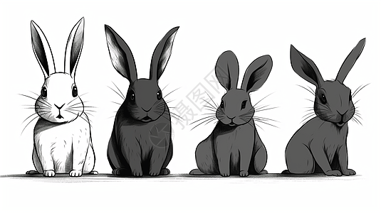 四只单色黑白兔子图片