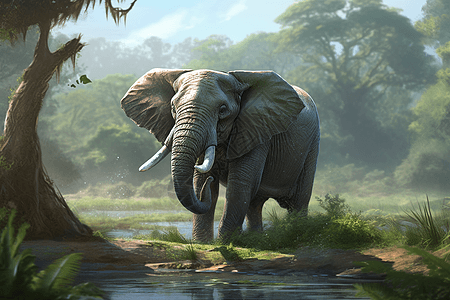 大象站在水坑上图片