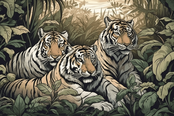 丛林里的一群老虎图片