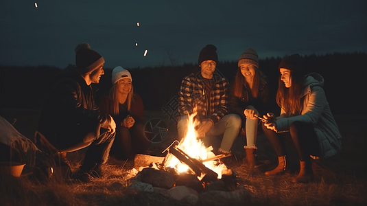 朋友们在篝火旁聊天图片