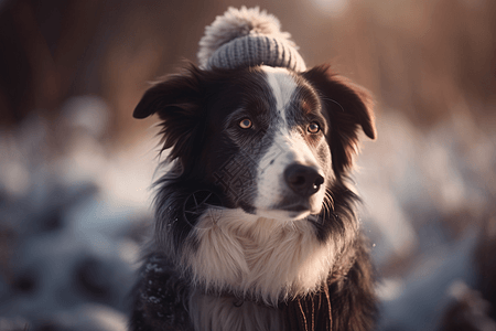 雪中戴帽子的边境牧羊犬图片