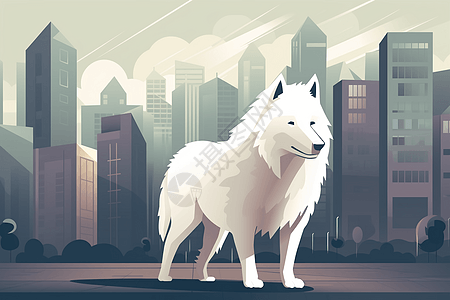 白色楼房建筑城市中的白色犬插画