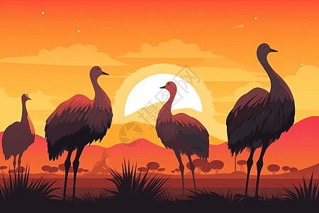 落日时的鸵鸟插画图片