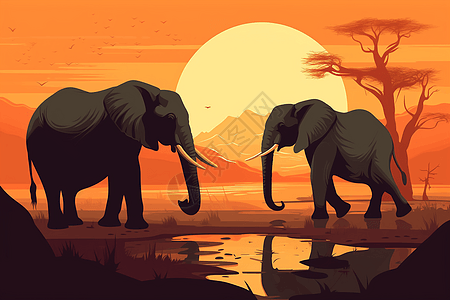 落日河边的大象图片